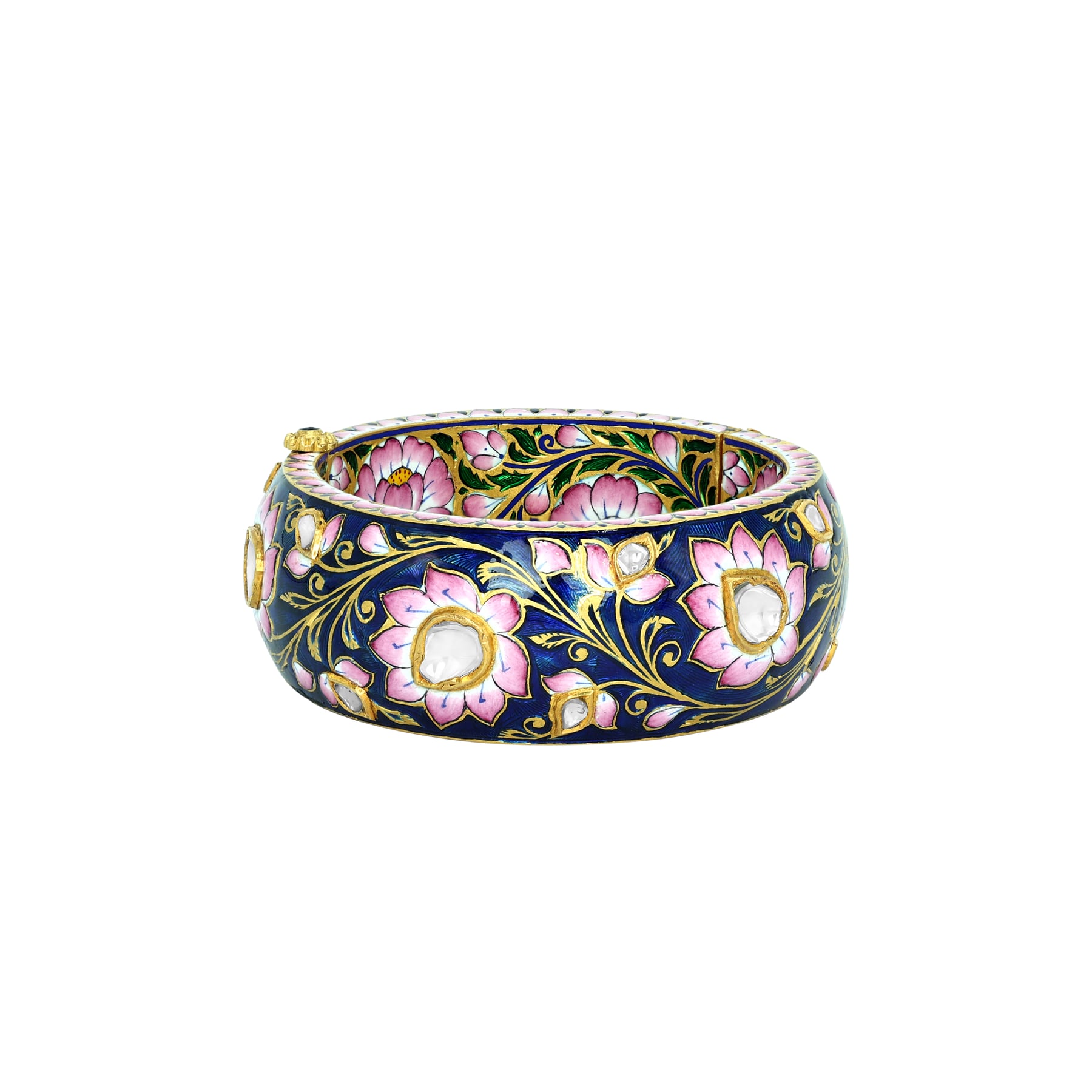 Indigo Bangle with Pink Floral Enamel and Uncut Diamonds